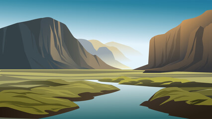 Vector illustration of beautiful canyon landscape with creek