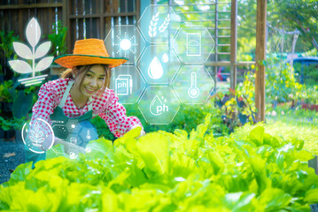 Beautiful farmer girl gracefully harvests the bountiful agricultural products that have flourished...