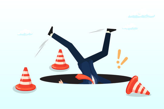 Terrified businessman fall down into the hole, failure or mistake causing catastrophe despair, problem or risk from crisis or recession, danger or business accident, trouble, loss or pitfall  (Vector)