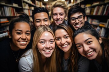 Fototapeta premium Happy and friendly international college students, embracing, pose in the library near the bookshelves. Group of fun millennials looking at camera, relationship concept