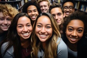 Happy and friendly international college students, embracing, pose in the library near the bookshelves. Group of fun millennials looking at camera, relationship concept