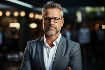 Fototapeta premium Happy middle-aged businessman standing in arms at work