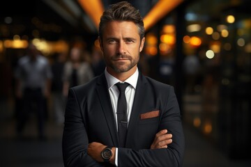 Happy middle-aged businessman standing in arms at work