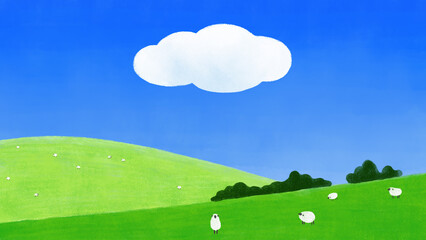 landscape with grass and blue sky, illustration of summer pasture