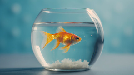 Fototapeta na wymiar Goldfish in round glass aquarium in sunlight on table. Ai generated