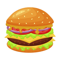 Big hamburger with cheese, mustard, tomatoes, chop, lettuce and onion. American fast food. Cartoon flat vector illustration.