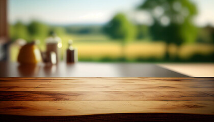 Empty old wooden table with countryside kithcen in background