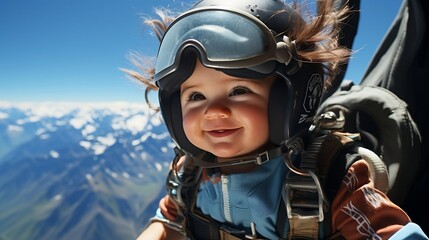 Brave Baby Soaring High Preparing for Skydive Adventure with Parachute. Their fearless spirit shines through as they embrace the thrill of skydiving at such a tender age.