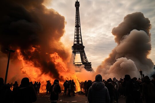 Paris in Chaos: Image of Burning Eiffel Tower, Rebel Crowd, and Violent Social Struggle. Generative AI