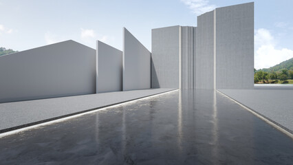 Empty concrete floor and gray wall. 3d rendering of modern building with clear sky background. © MIRROR IMAGE STUDIO