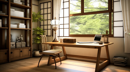 Japanese home office with a shoji screen desk. Interior design of office furnished with simple furniture in neutral colors, and plenty of natural light and a sense of focus