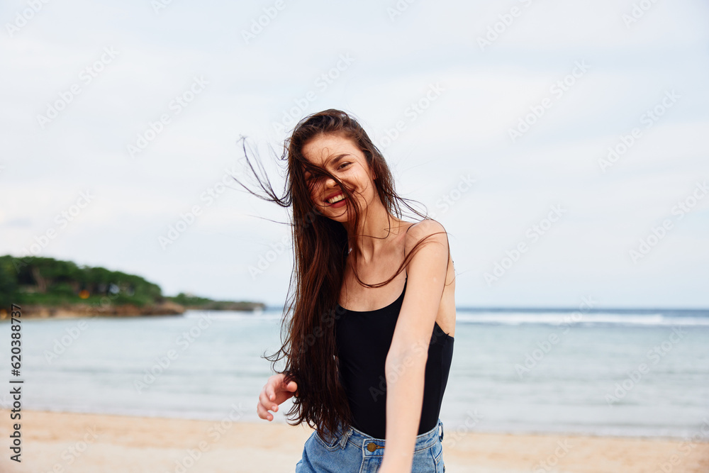 Poster sea woman lifestyle walking summer travel running sunset beach smile young