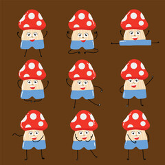 set of different character emoji mushroom kawaii isolated on brown background
