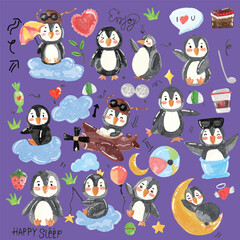 Naklejka premium set of watercolor penguin cartoon illustration design. kawaii penguin