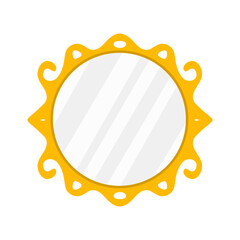 Golden round decorative mirror flat vector illustration. Photo or mirror frame isolated on white background. Vintage border in gold color. Minimal design element. Vector illustration