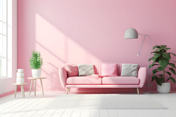 Fototapeta na wymiar Living room in pastel colors with sofa and painting on a wall 3D render. Minimal style interior of a modern room with pink walls