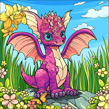 Illustration of a dragon cub in the garden