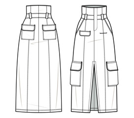 High-waist cargo skirt fashion flat technical drawing template. concealed front fastening, Loose-fitting. ankle-length cargo skirt technical fashion Illustration, front, back view, white, CAD mockup.
