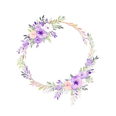 Watercolor wreath with purple flowers and leaves on transparent background,generative ai