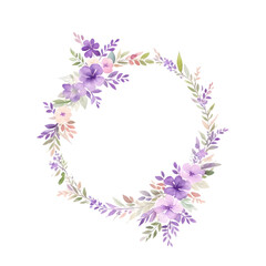 Fototapeta na wymiar Watercolor wreath with purple flowers and leaves on transparent background,generative ai