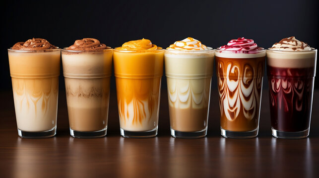 Various types of frappes with artistic design on a table. Generative AI.