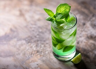 mojito cocktail with lime and mint in a glass