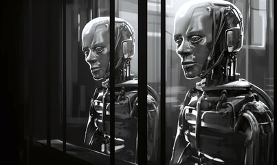 Fototapeta na wymiar AI robot cyborg behind bars