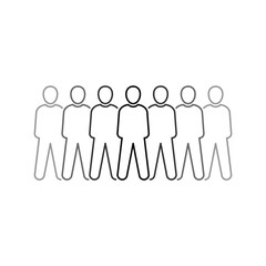 thin line group of people like society. flat linear trend black logotype or graphic art large banner design isolated on white background. concept of chain from standing human model or multiple person