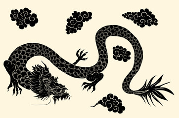 Japanese red dragon tattoo.Dragon on red background for Chinese New Year.Gold Chinese Dragon vector.Gold line art King Dragon tattoo.cartoon vector for t-shirt.