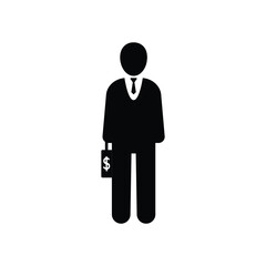 black investor icon with suitcase. concept of banking market, investing briefcase, sponsor cash, manager, savings, biz plan wealthy management. flat style trend logo graphic design on gray background