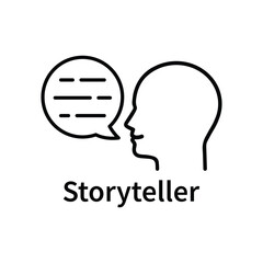 thin line storyteller black icon. concept of story teller stroke badge or education instructor. flat contour style simple trend modern creative logotype graphic art design isolated on white background