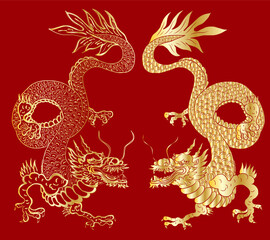 Japanese red dragon tattoo.Dragon on red background for Chinese New Year.Gold Chinese Dragon vector.Gold line art King Dragon tattoo.cartoon vector for t-shirt.