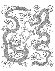 Chinese dragon pattern design. Two dragons play with a ball. Chinese art, black and white, digital illustration. 