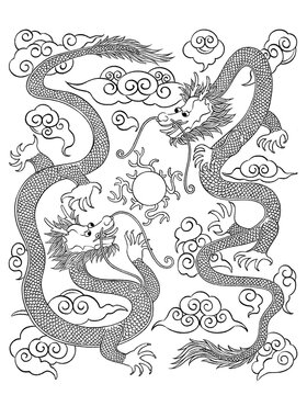 Chinese dragon pattern design. Two dragons play with a ball. Chinese art, black and white, digital illustration. 