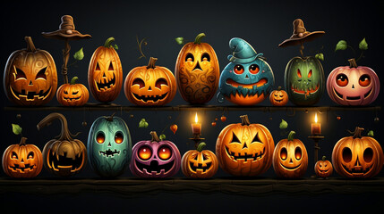 Illustration of carved pumpkins for halloween with different shapes and colors.