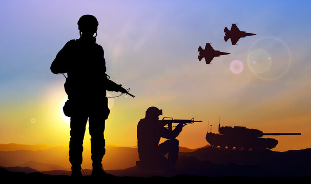 Silhouettes of a soliders with main battle tank and military airplanes against the sunset. EPS10 vector