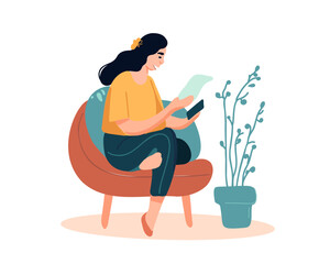 A woman with a mobile phone and a document sits at home in an armchair or waits for her turn. Freelancers online with gadget. isolated vector illustration on white background