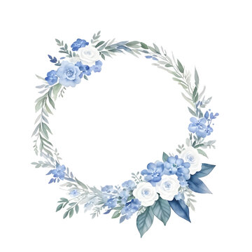 Watercolor wreath of blue flower and leaves on transparent background,generative ai