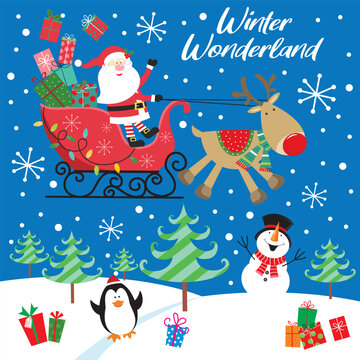 christmas card with santa, sleigh, reindeer, snowman and penguin