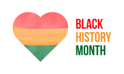 Black History Month. African American History. February in USA and Canada. Ocrober in Great Britain. Banner for social media. Heart in red, yellow and green in watercolor design. Vector illustration