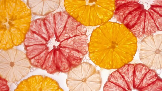 Citrus slices are pressed, squeezed and crushed on the white background.