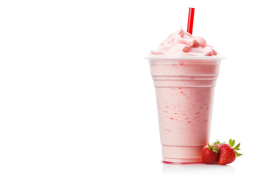 Strawberry milkshake in plastic takeaway cup isolated on white background with copy space