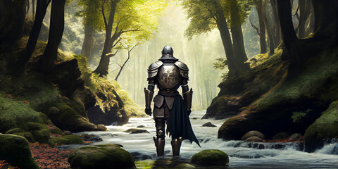 A medieval knight in armor stands in the water of a forest stream. Generative AI