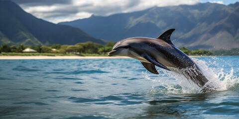 Fototapeta premium A dolphin jumps out of the sea near the shore of a tropical island. Generative AI