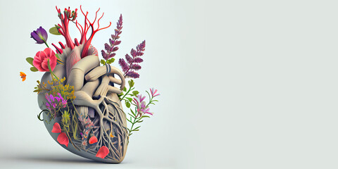 The human heart framed by fresh flowers and on a uniform background. Generative AI