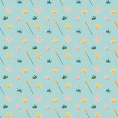 Crowns and sceptre seamless pattern. Flat illustration. Cartoon flat royal wrapping paper.