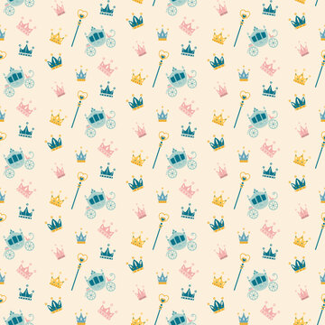Crowns and sceptre seamless pattern. Cartoon flat illustration. Wrapping paper.