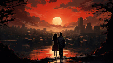 Fototapeta premium couple of lovers walk away in sunset city.