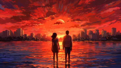 Fototapeta premium couple of lovers walk away in sunset city.