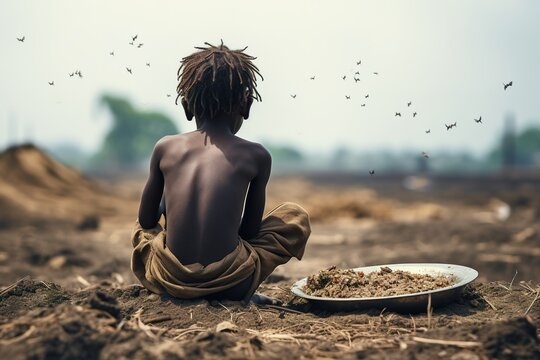 African hungry boy sits on the ground and eats. The concept of starving children in Africa. Generative AI. High quality illustration